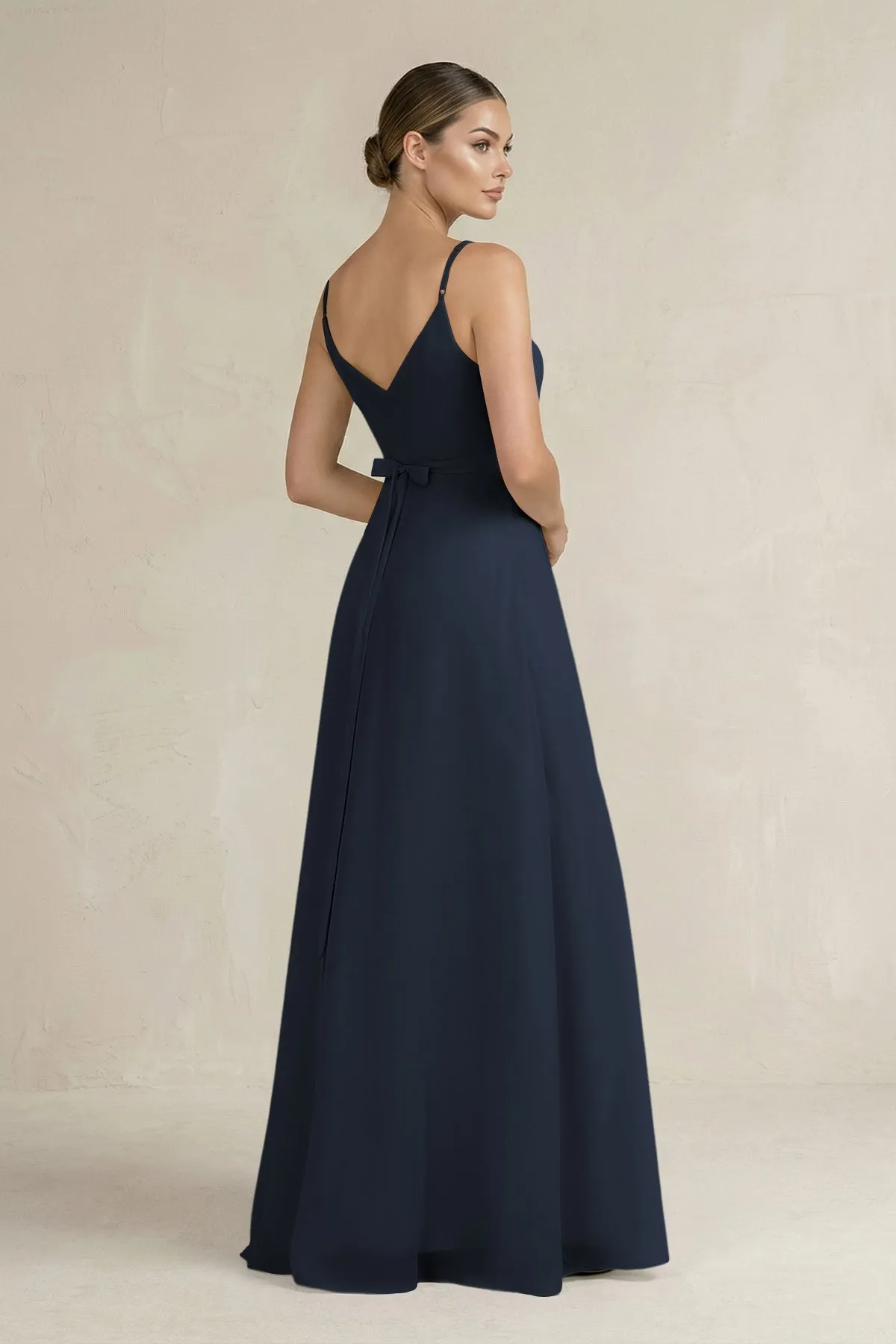 Ruched A-Line Chiffon Bridesmaid Dress with Slit in Dark Navy sold by KissProm product image thumbnail 2