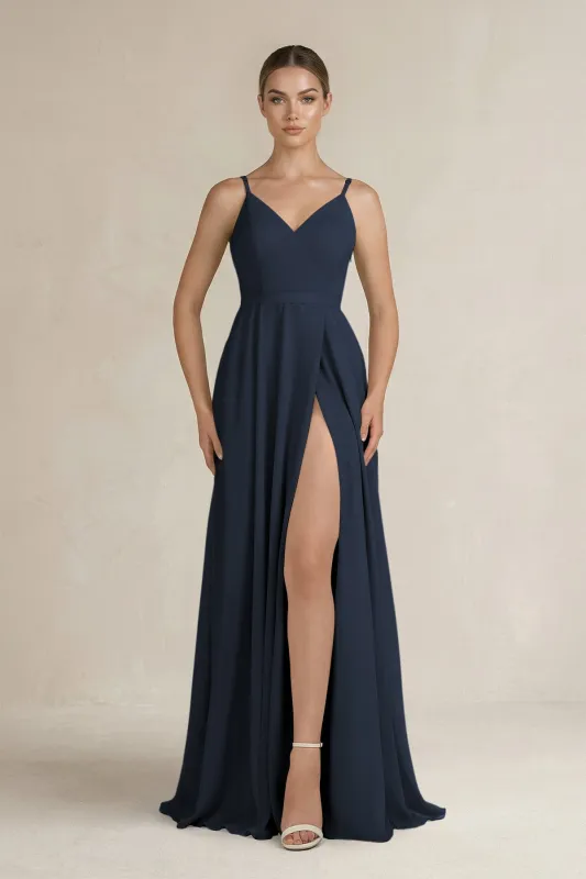 Ruched A-Line Chiffon Bridesmaid Dress with Slit in Dark Navy made by KissProm