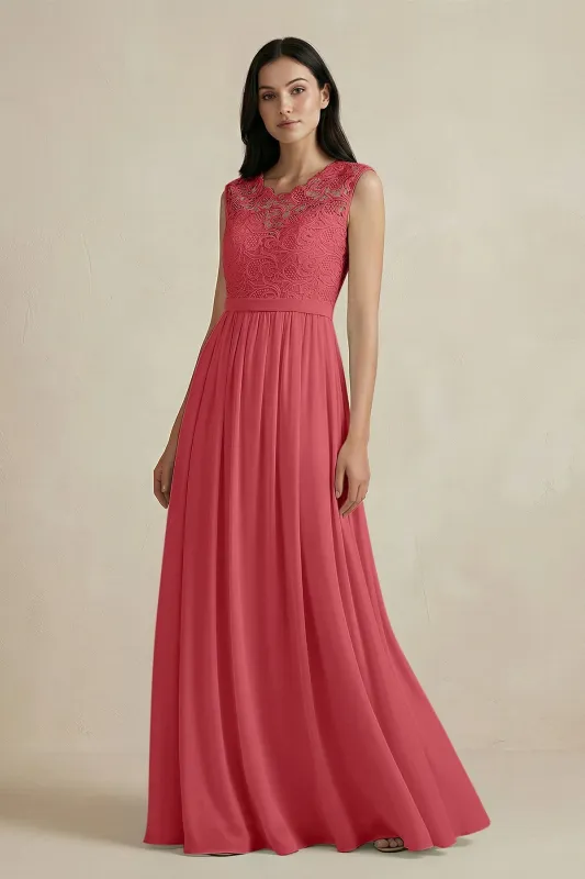 Lace Chiffon A-Line Round Neck Bridesmaid Dress in Merlot made by KissProm
