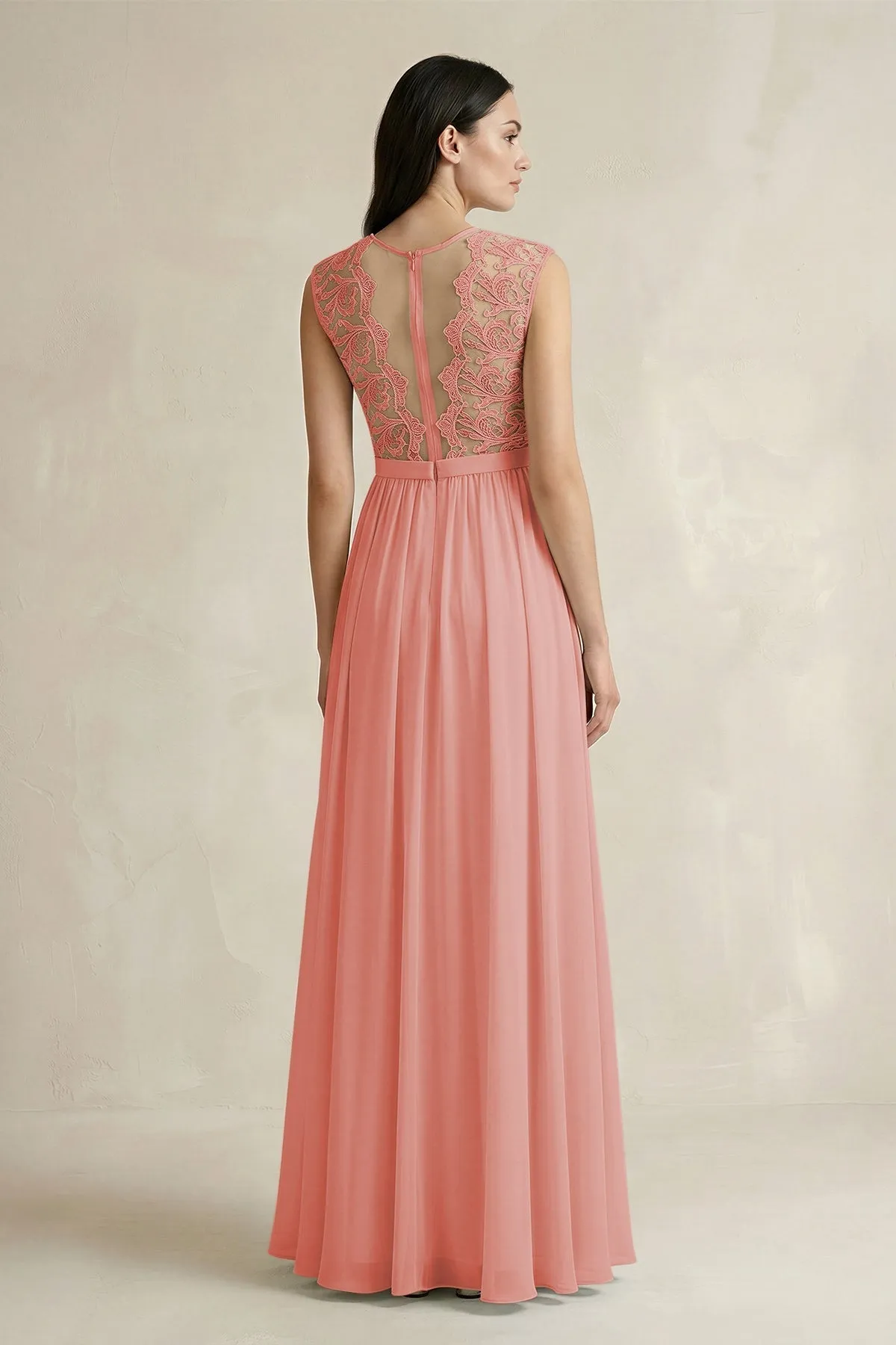 Lace Chiffon A-Line Round Neck Bridesmaid Dress in Mulberry sold by KissProm product image thumbnail 2