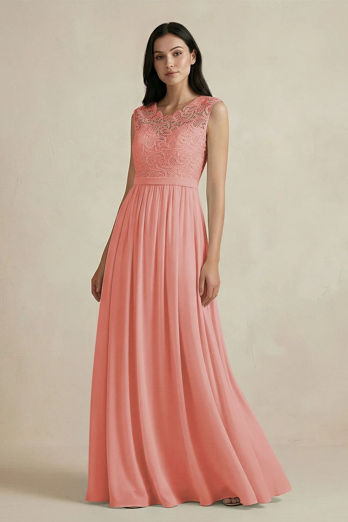 Lace Chiffon A-Line Round Neck Bridesmaid Dress in Mulberry sold by KissProm