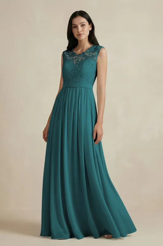 Lace Chiffon A-Line Round Neck Bridesmaid Dress in Pine made by KissProm