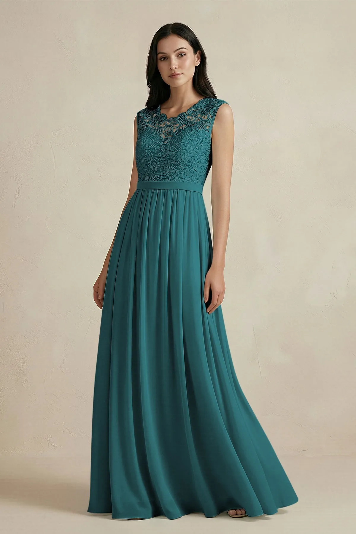 Lace Chiffon A-Line Round Neck Bridesmaid Dress in Pine sold by KissProm