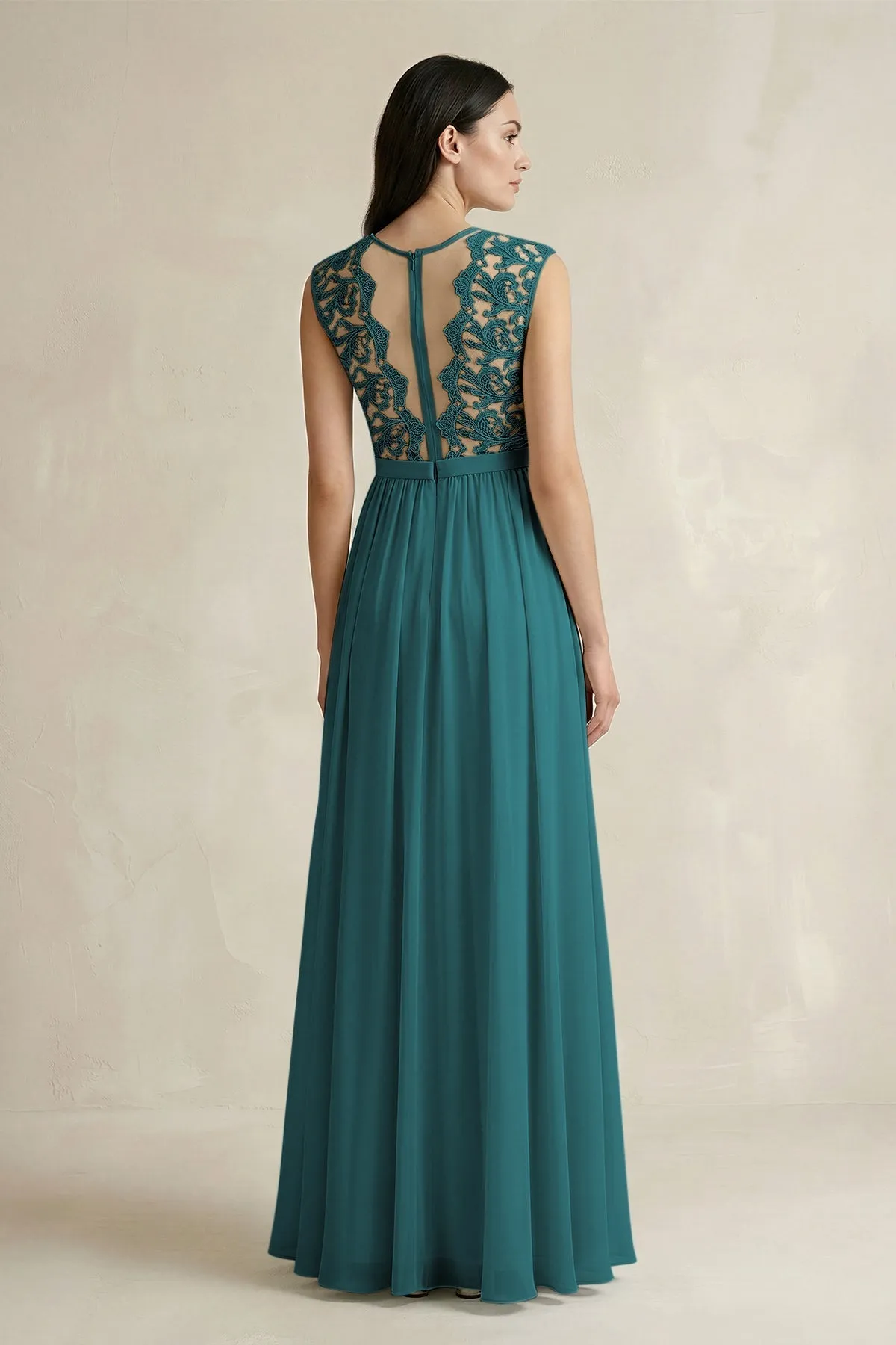 Lace Chiffon A-Line Round Neck Bridesmaid Dress in Pine sold by KissProm product image thumbnail 2