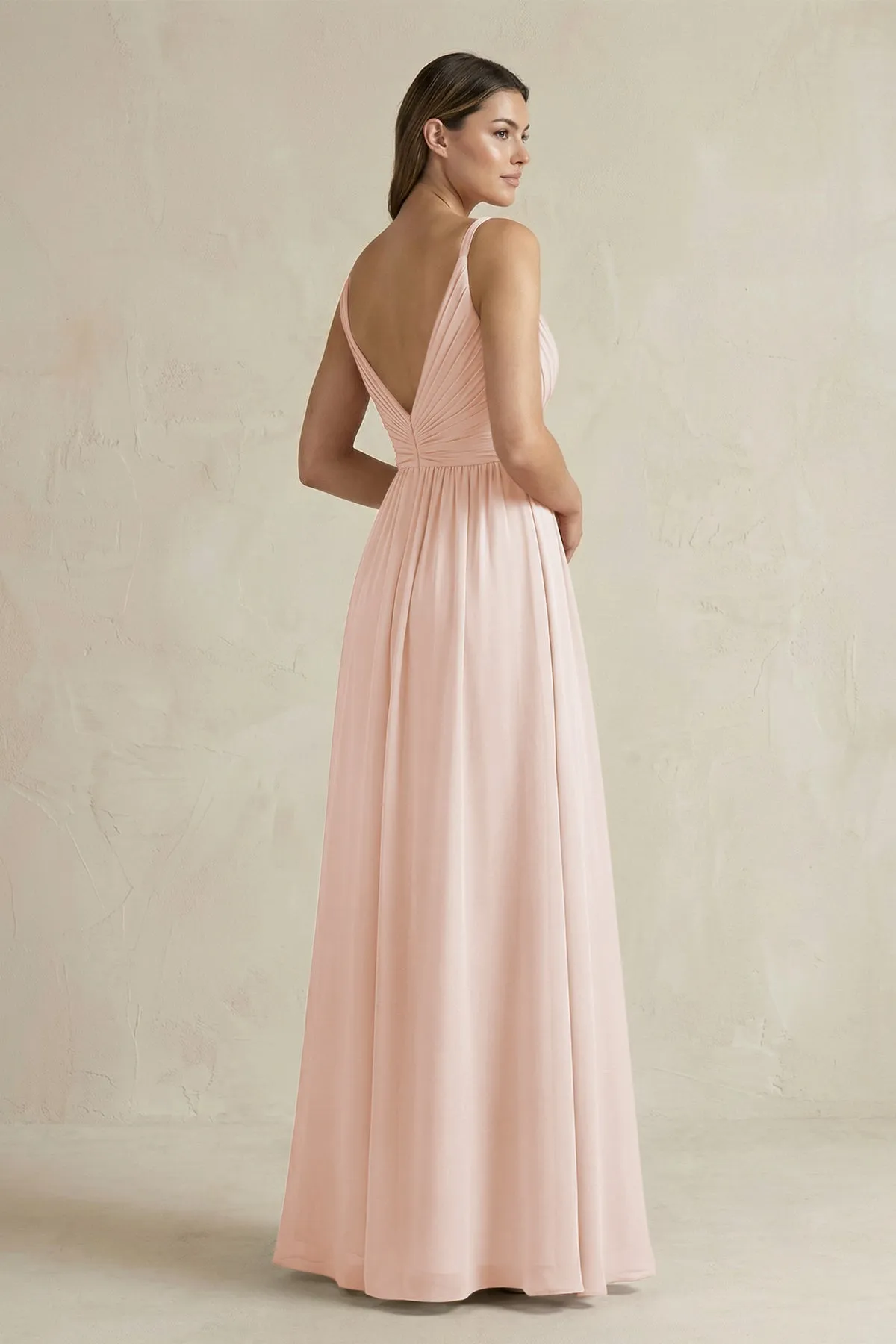 V-Neck Pleated A-Line Chiffon Bridesmaid Dress in Pale Blush sold by KissProm product image thumbnail 2