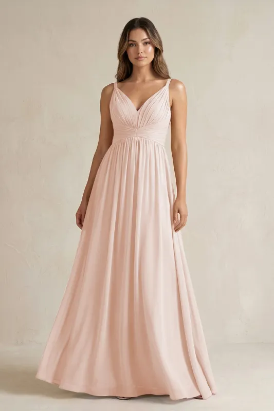 V-Neck Pleated A-Line Chiffon Bridesmaid Dress in Pale Blush made by KissProm