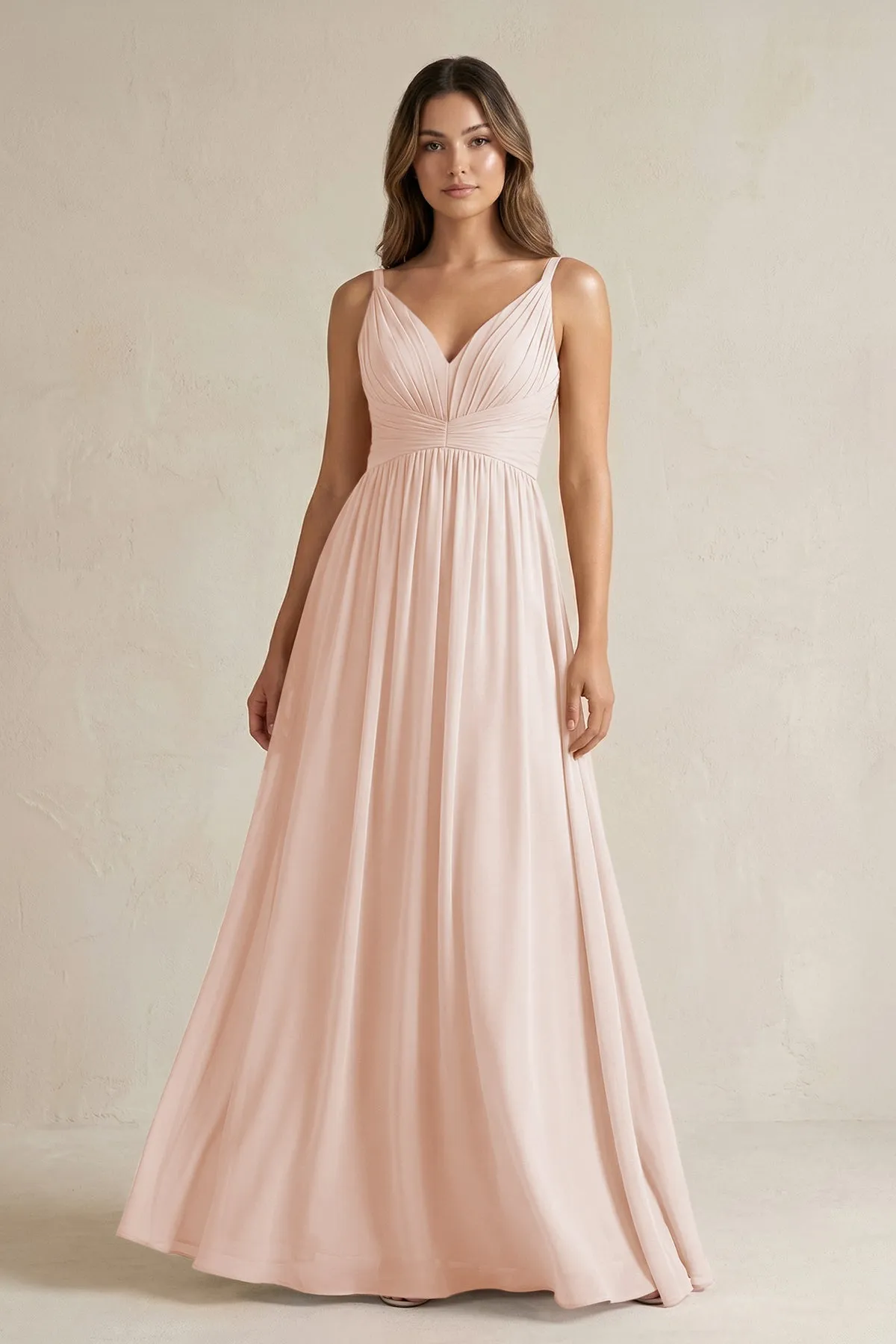 V-Neck Pleated A-Line Chiffon Bridesmaid Dress in Pale Blush sold by KissProm