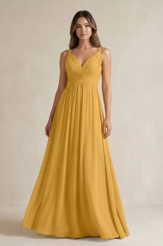 V-Neck Pleated A-Line Chiffon Bridesmaid Dress in Marigold made by KissProm