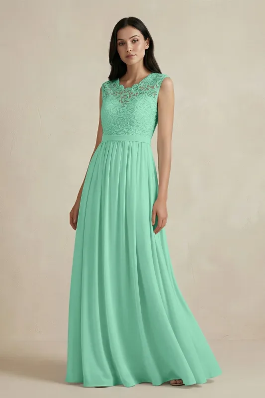 Lace Chiffon A-Line Round Neck Bridesmaid Dress in Turquoise made by KissProm