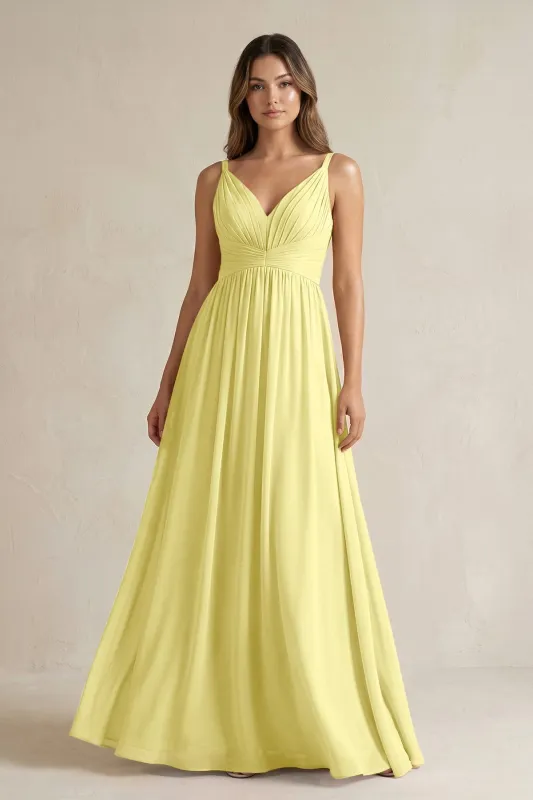 V-Neck Pleated A-Line Chiffon Bridesmaid Dress in Buttercup made by KissProm
