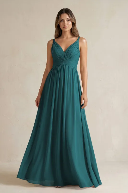 V-Neck Pleated A-Line Chiffon Bridesmaid Dress in Pine made by KissProm