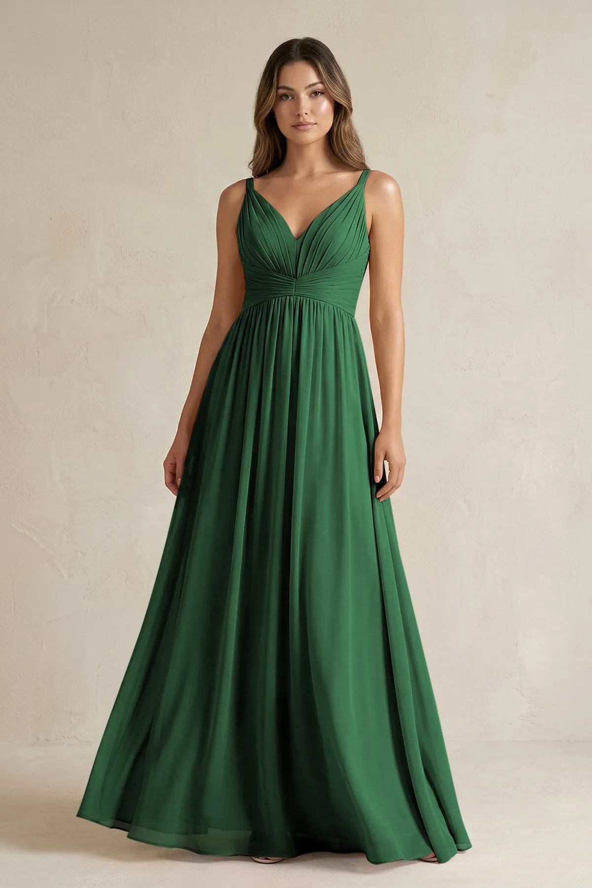 V-Neck Pleated A-Line Chiffon Bridesmaid Dress in Dark Green sold by KissProm
