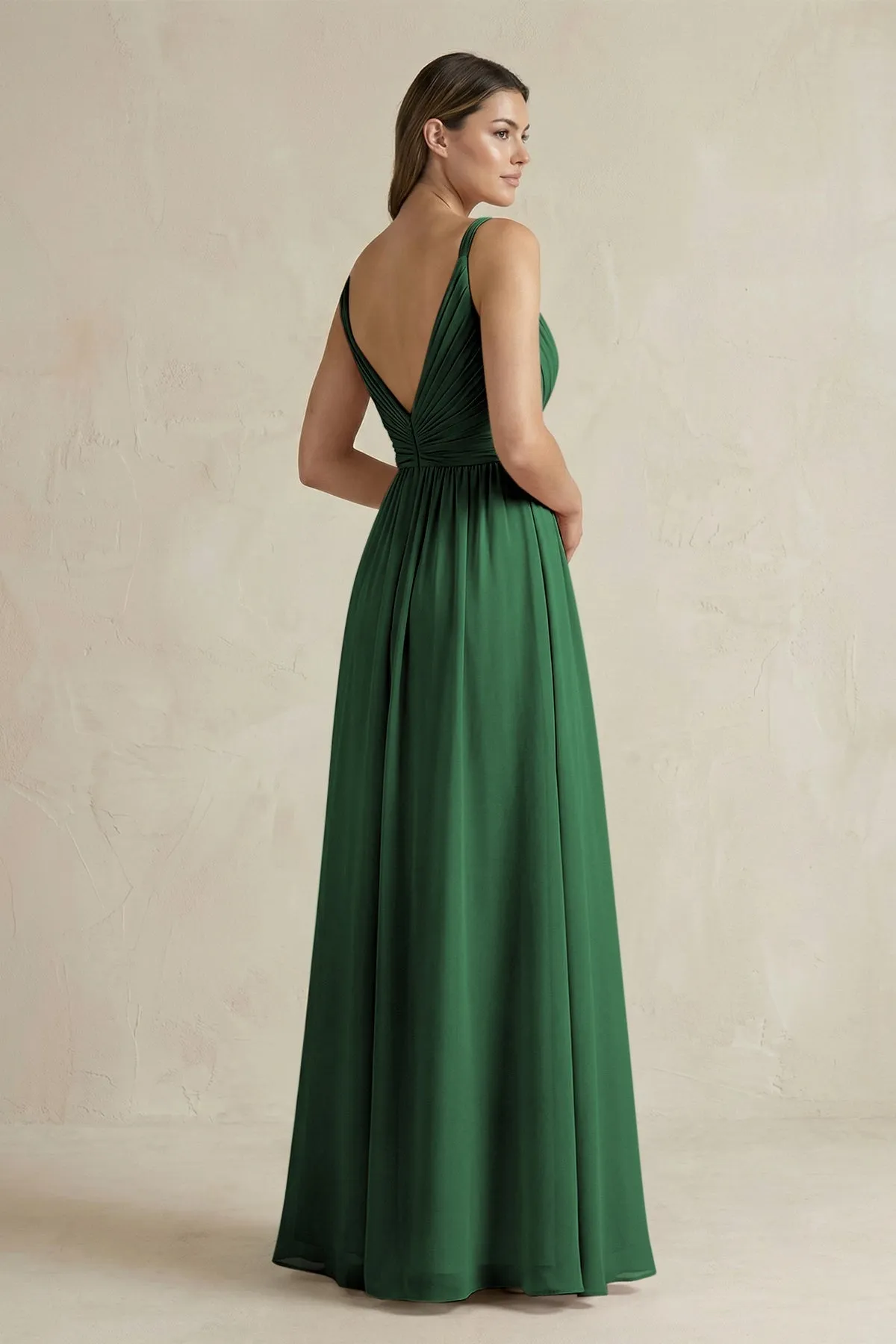 V-Neck Pleated A-Line Chiffon Bridesmaid Dress in Dark Green sold by KissProm product image thumbnail 2