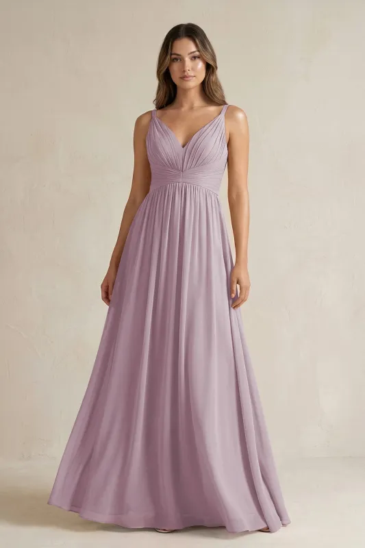 V-Neck Pleated A-Line Chiffon Bridesmaid Dress in Dusk made by KissProm