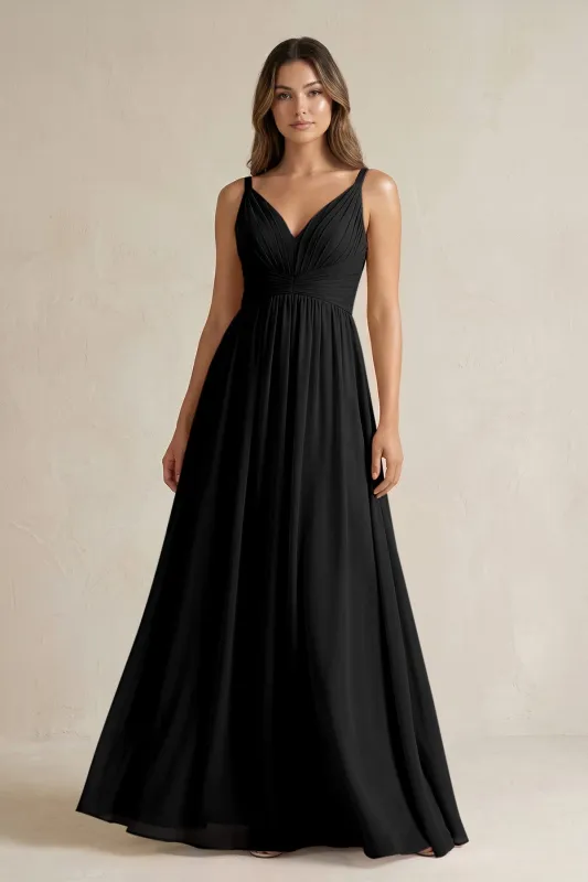 V-Neck Pleated A-Line Chiffon Bridesmaid Dress in Black made by KissProm