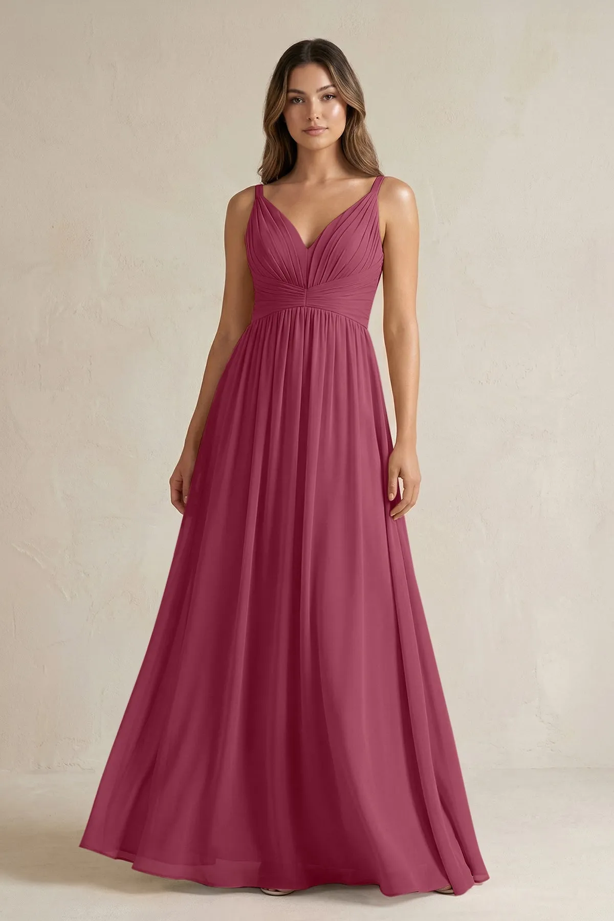V-Neck Pleated A-Line Chiffon Bridesmaid Dress in Desert Rose sold by KissProm