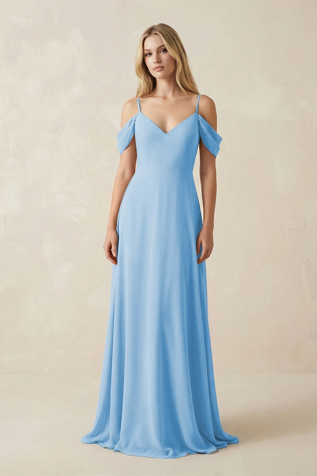 Off-the-Shoulder Chiffon A-Line Maxi Bridesmaid Dress in Steel Blue sold by KissProm