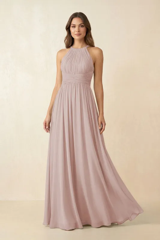 Halter Pleated A-Line Chiffon Bridesmaid Dress in Toffee made by KissProm