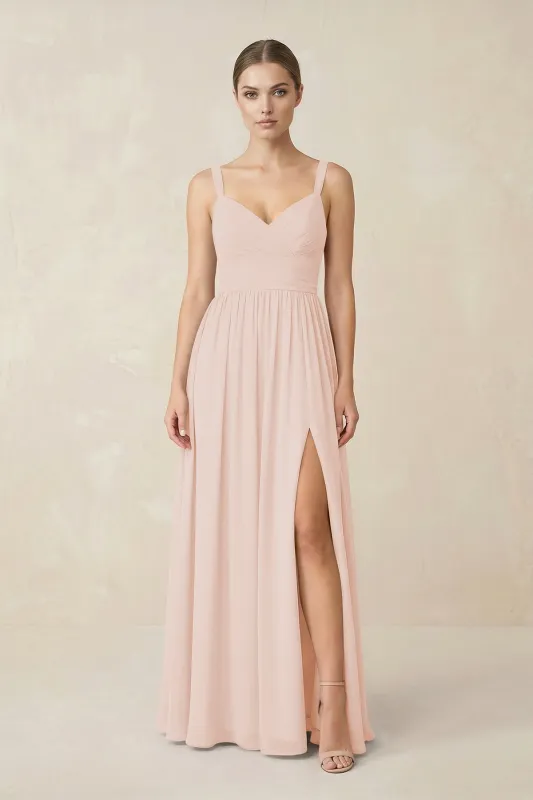Sweetheart A-Line Chiffon Bridesmaid Dress with Slit in Pale Blush made by KissProm