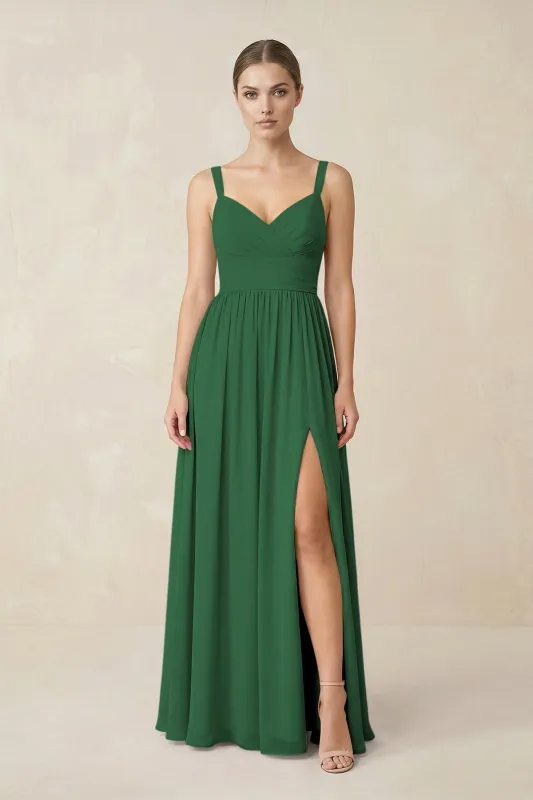 Sweetheart A-Line Chiffon Bridesmaid Dress with Slit in Dark Green made by KissProm