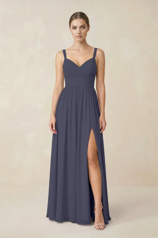 Sweetheart A-Line Chiffon Bridesmaid Dress with Slit in Dusk Blue made by KissProm