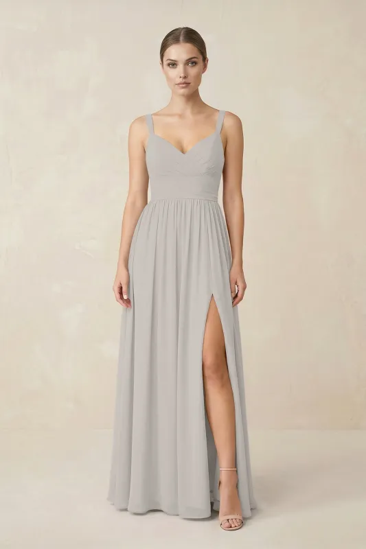 Sweetheart A-Line Chiffon Bridesmaid Dress with Slit in Silver made by KissProm