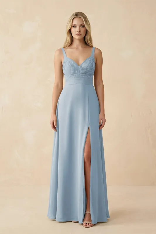 Sweetheart A-Line Pleated Chiffon Bridesmaid Dress in Dusty Blue made by KissProm