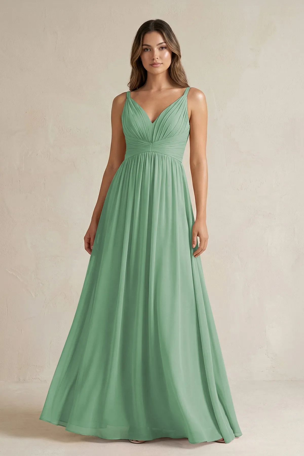 V-Neck Pleated A-Line Chiffon Bridesmaid Dress in Sea Glass sold by KissProm