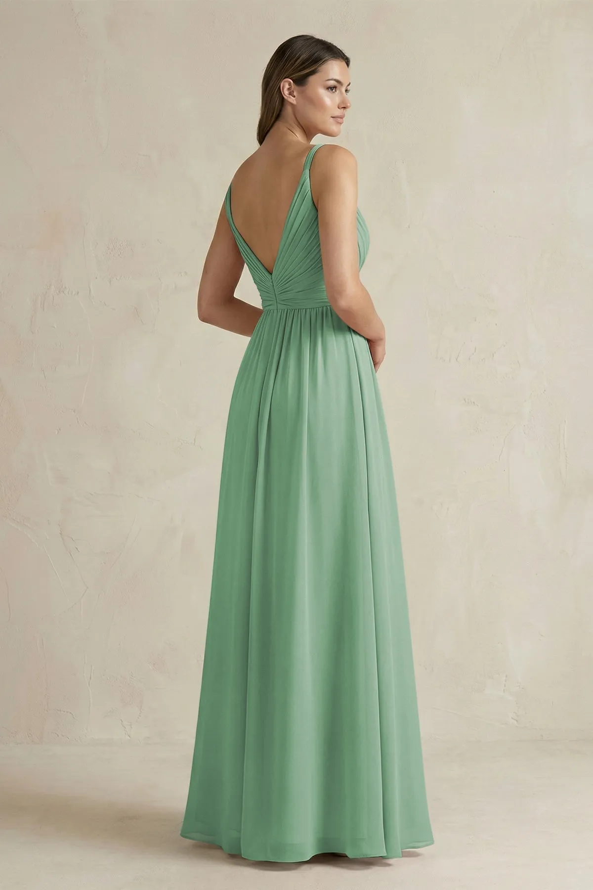 V-Neck Pleated A-Line Chiffon Bridesmaid Dress in Sea Glass sold by KissProm product image thumbnail 2