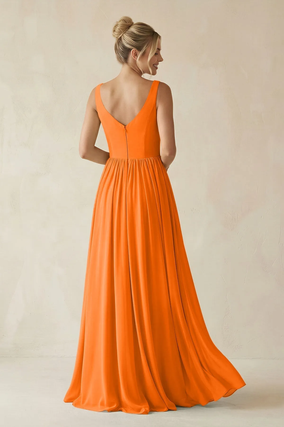 V-Neck Chiffon A-Line Long Bridesmaid Dress in Cinnamon sold by KissProm product image thumbnail 2