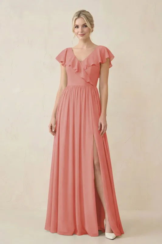 Cap Sleeve A-Line Ruffled Chiffon Bridesmaid Dress in Mulberry made by KissProm