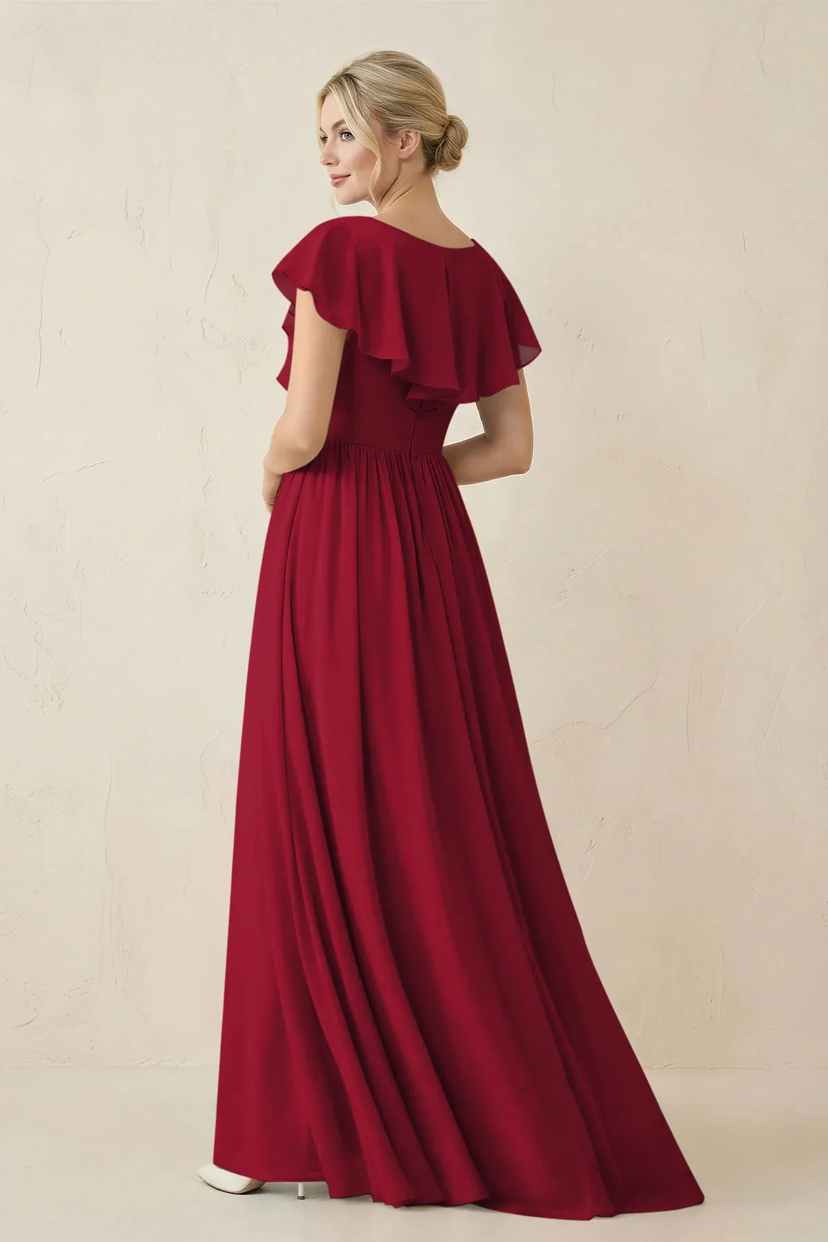 Cap Sleeve A-Line Ruffled Chiffon Bridesmaid Dress in Berry sold by KissProm product image thumbnail 2
