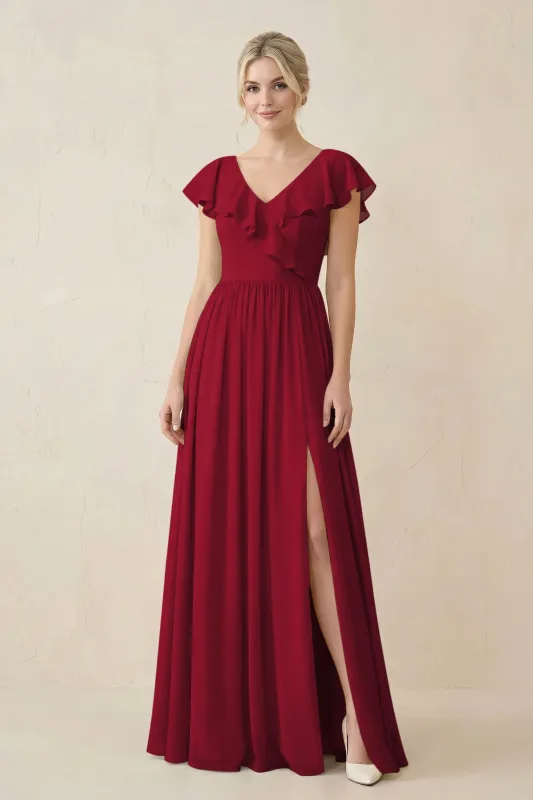 Cap Sleeve A-Line Ruffled Chiffon Bridesmaid Dress in Berry made by KissProm