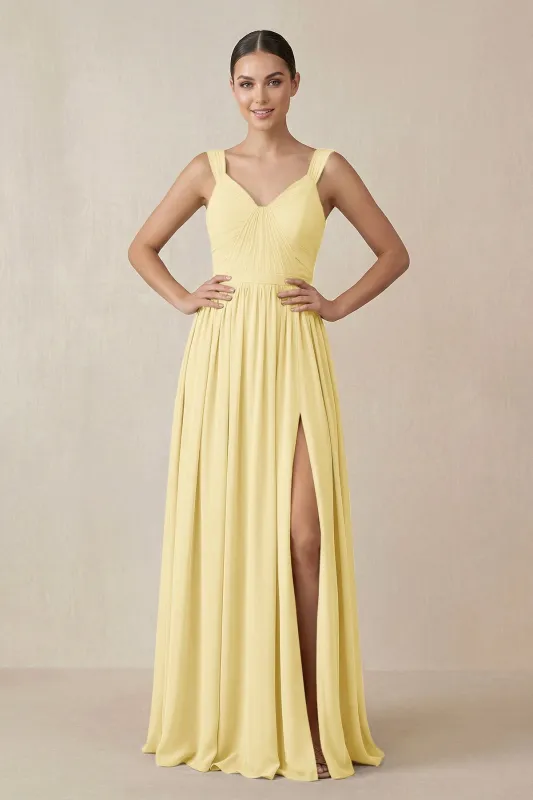 Chiffon A-Line Pleated Bridesmaid Dress in Pastel Yellow made by KissProm
