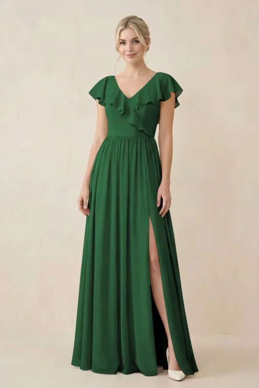 Cap Sleeve A-Line Ruffled Chiffon Bridesmaid Dress in Dark Green made by KissProm