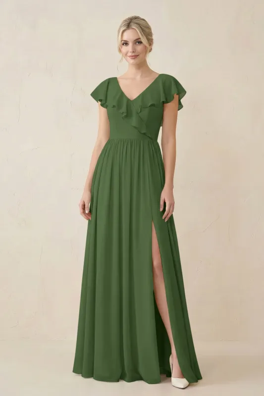 Cap Sleeve A-Line Ruffled Chiffon Bridesmaid Dress in Moss made by KissProm