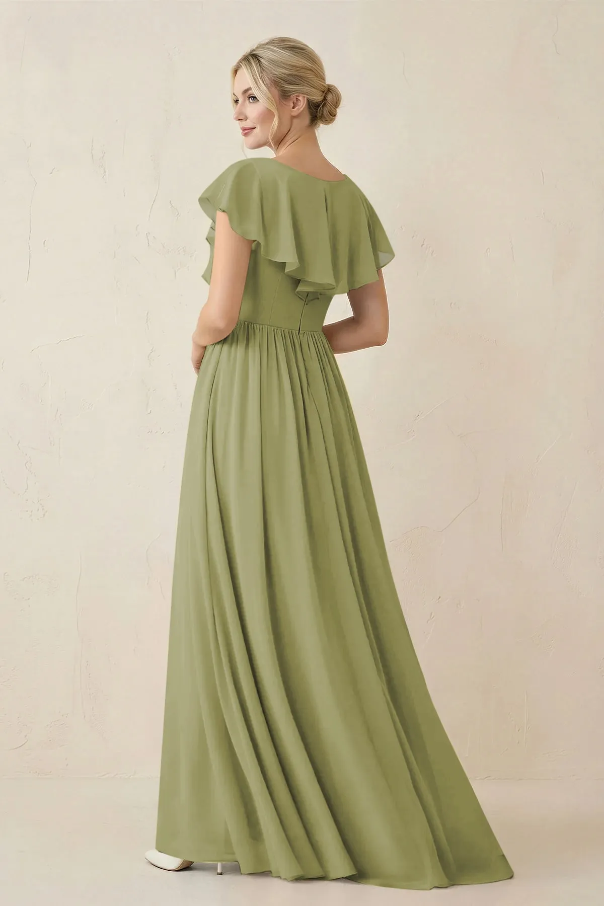 Cap Sleeve A-Line Ruffled Chiffon Bridesmaid Dress in Moss Green sold by KissProm product image thumbnail 2