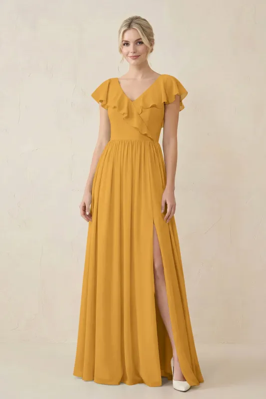 Cap Sleeve A-Line Ruffled Chiffon Bridesmaid Dress in Marigold made by KissProm