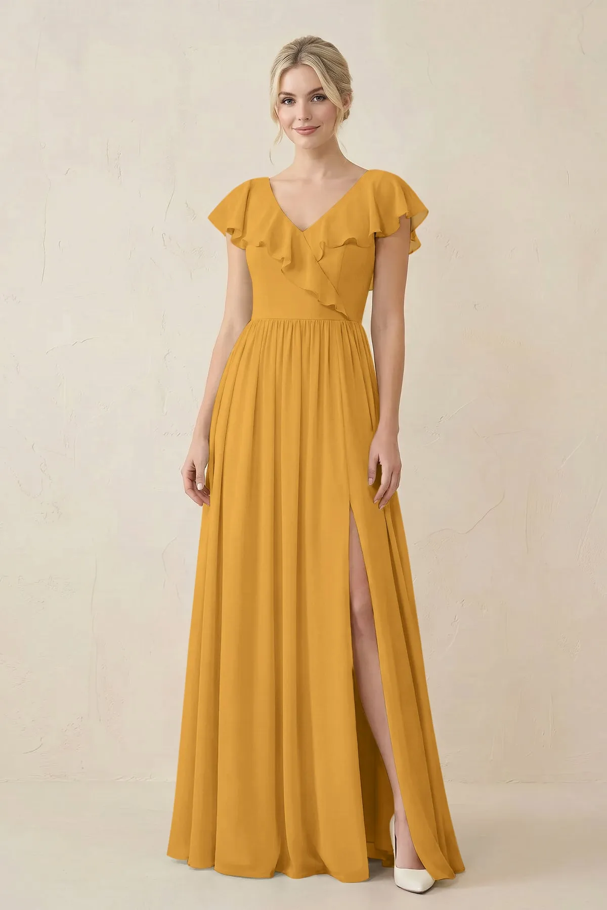 Cap Sleeve A-Line Ruffled Chiffon Bridesmaid Dress in Marigold sold by KissProm