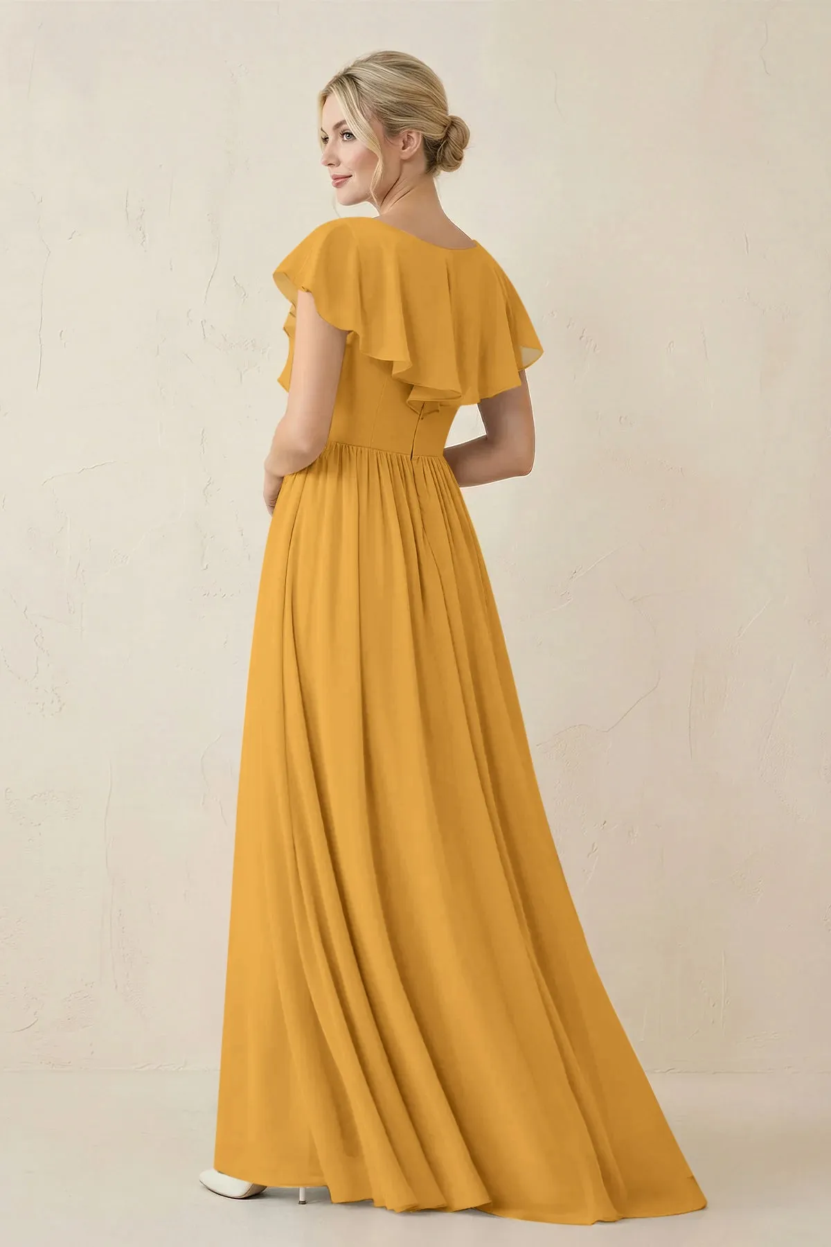 Cap Sleeve A-Line Ruffled Chiffon Bridesmaid Dress in Marigold sold by KissProm product image thumbnail 2