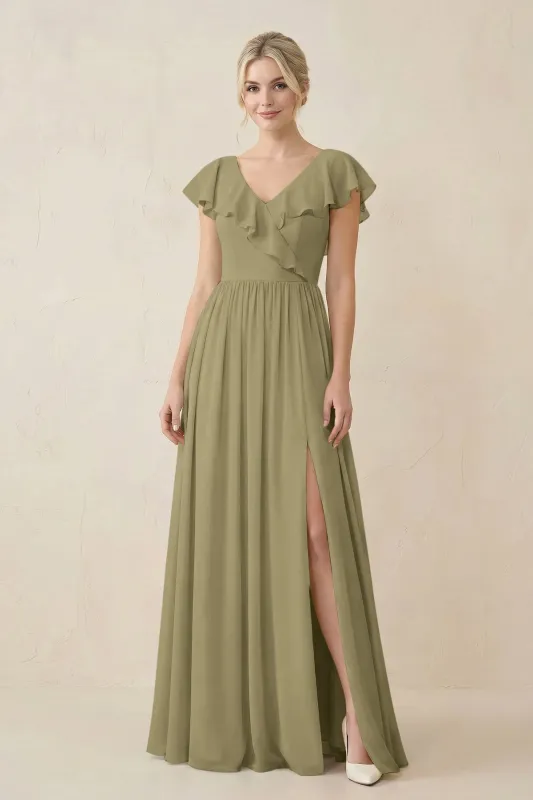 Cap Sleeve A-Line Ruffled Chiffon Bridesmaid Dress in Thyme made by KissProm