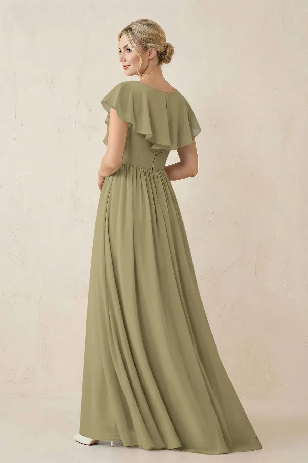 Cap Sleeve A-Line Ruffled Chiffon Bridesmaid Dress in Thyme sold by KissProm product image thumbnail 2