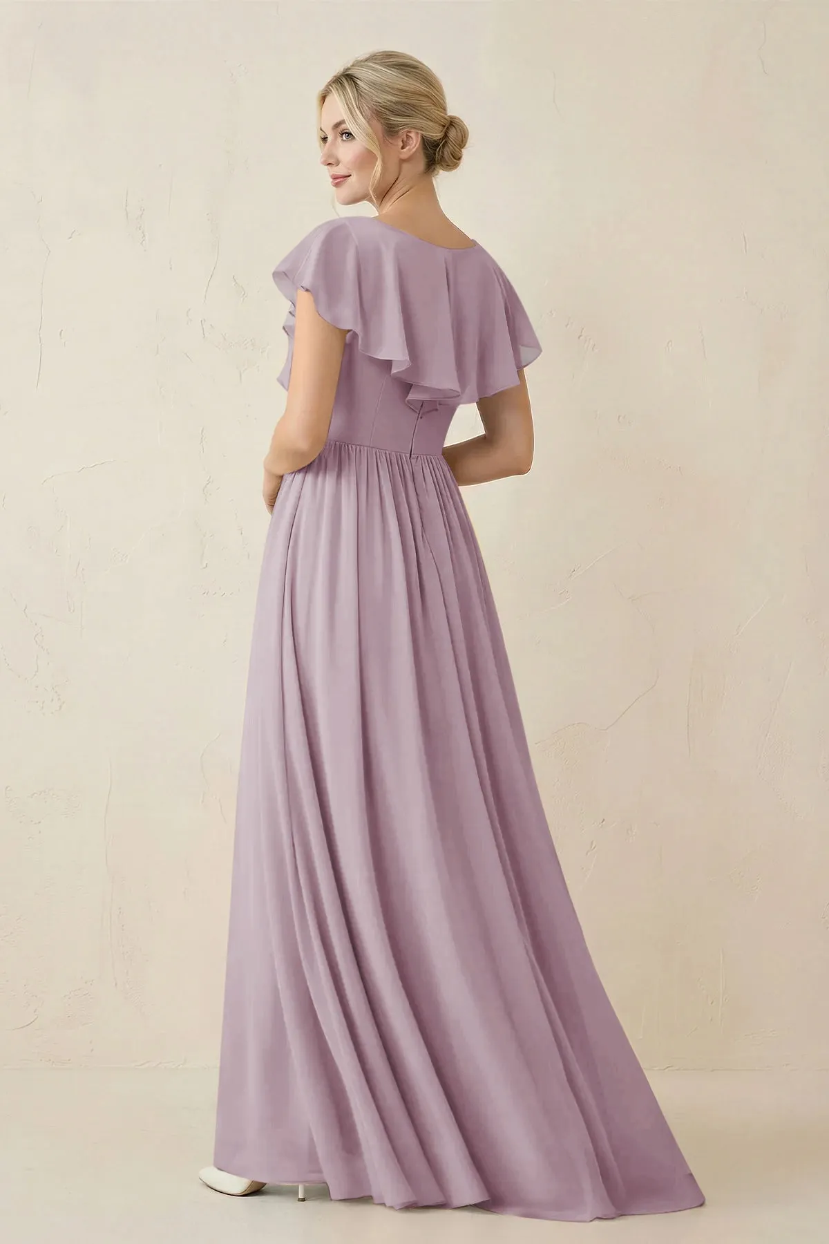 Cap Sleeve A-Line Ruffled Chiffon Bridesmaid Dress in Dusk sold by KissProm product image thumbnail 2