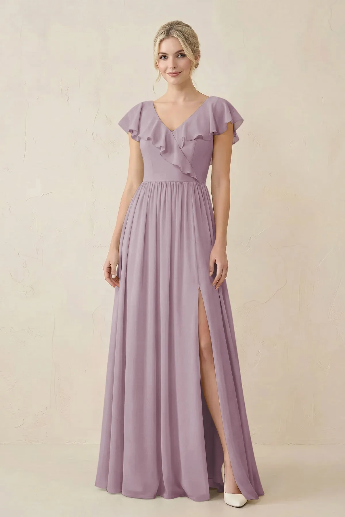 Cap Sleeve A-Line Ruffled Chiffon Bridesmaid Dress in Dusk sold by KissProm