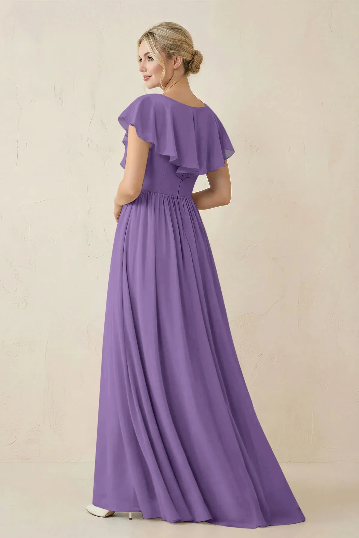 Cap Sleeve A-Line Ruffled Chiffon Bridesmaid Dress in Tahiti sold by KissProm product image thumbnail 2