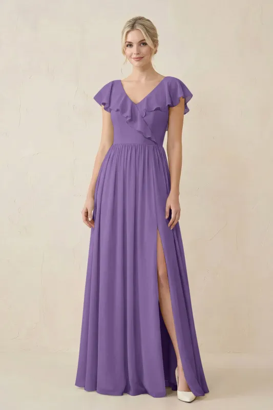 Cap Sleeve A-Line Ruffled Chiffon Bridesmaid Dress in Tahiti made by KissProm