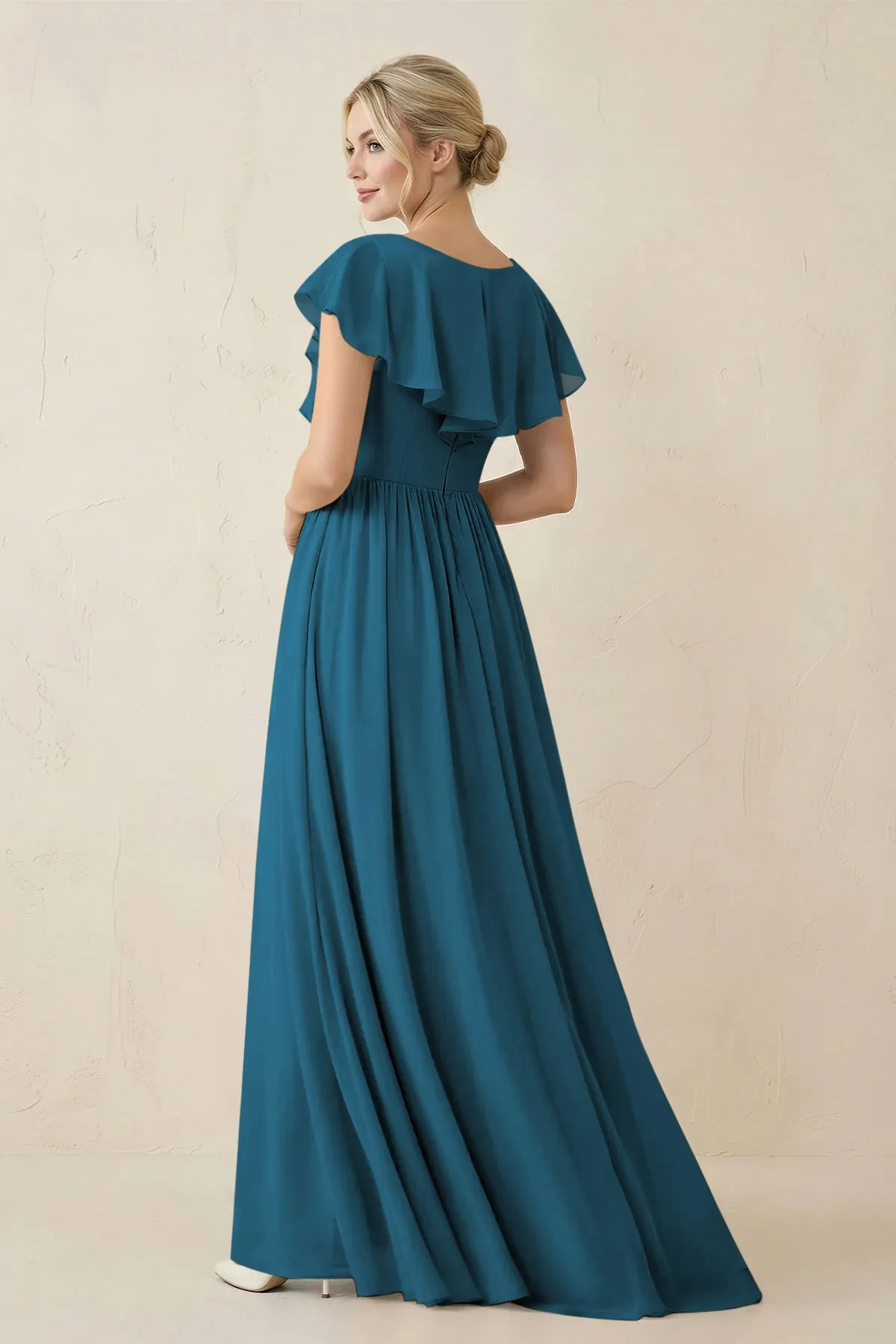 Cap Sleeve A-Line Ruffled Chiffon Bridesmaid Dress in Dark Teal sold by KissProm product image thumbnail 2