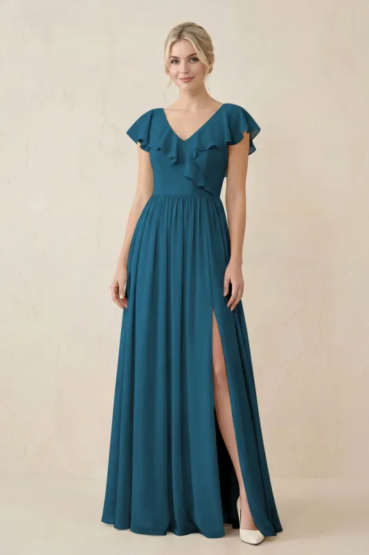 Cap Sleeve A-Line Ruffled Chiffon Bridesmaid Dress in Dark Teal made by KissProm