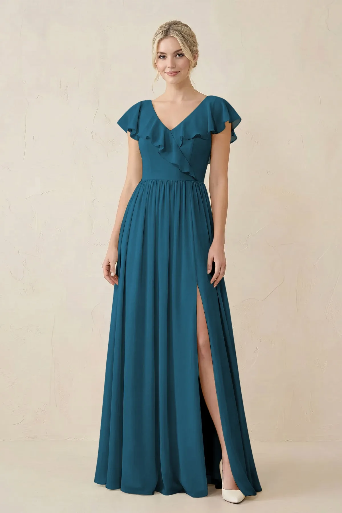 Cap Sleeve A-Line Ruffled Chiffon Bridesmaid Dress in Dark Teal sold by KissProm