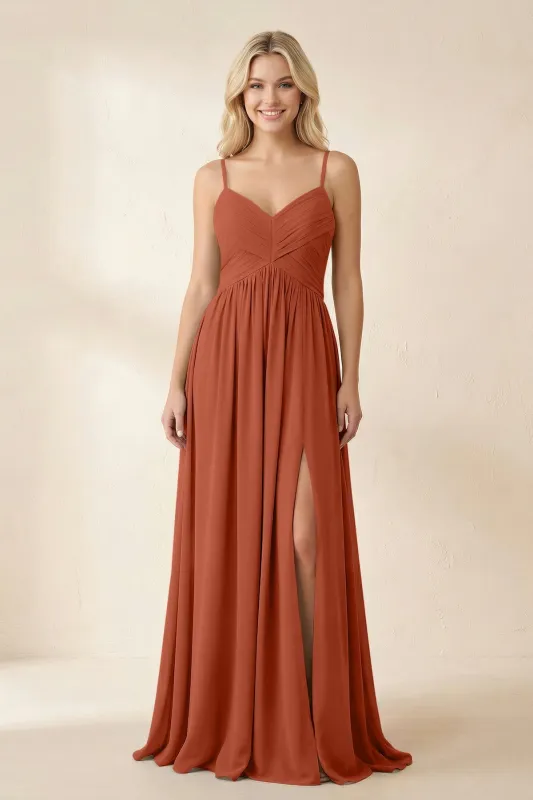 Cami Strap Chiffon A-Line Bridesmaid Dress with Slit in Spice made by KissProm